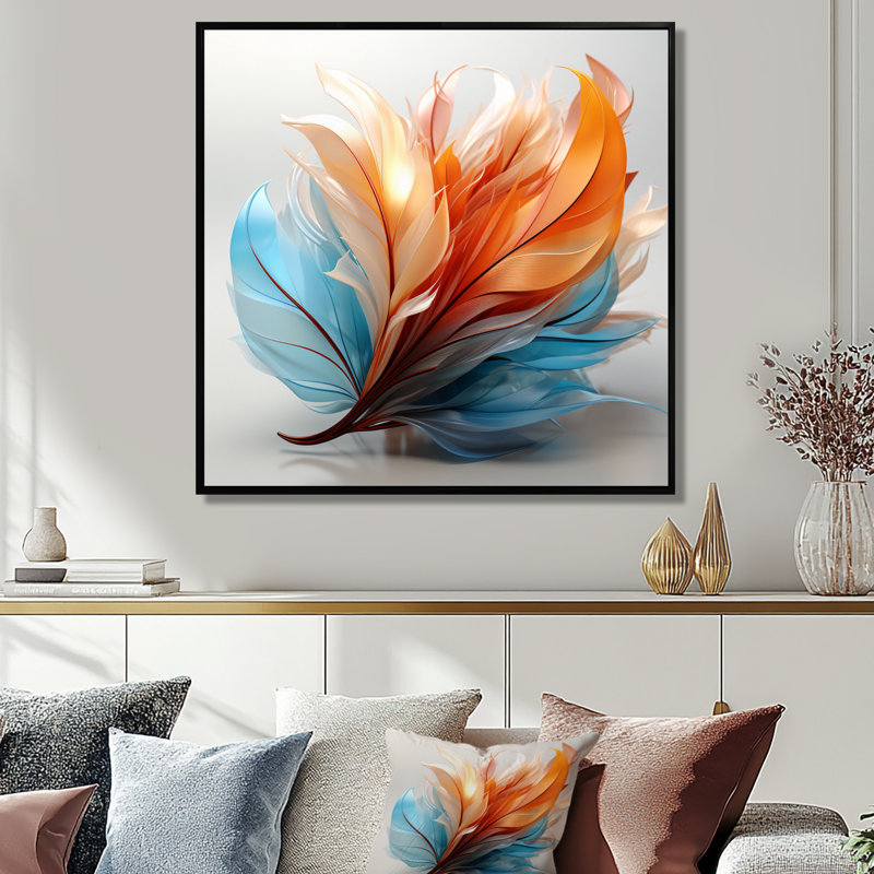 Fractal, plume d'ambre orange et turquoise I - art mural de plumes pour le salon, Reproduction avec cadre flottant, Noir