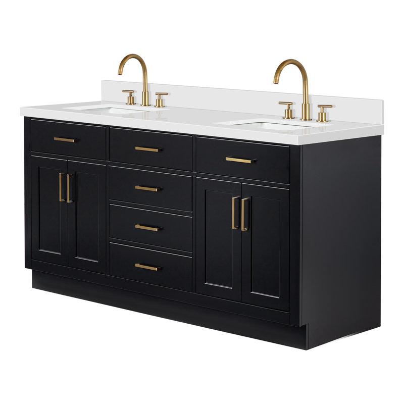 Thornaby 66'' Solid Wood Double Bathroom Vanity with 1.5'' White Quartz Top, Oval Sinks, Black / Satin Brass, Rectangular