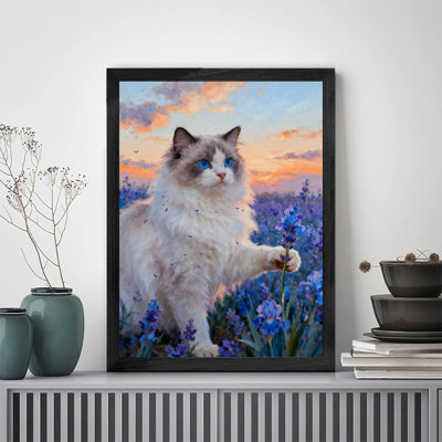 Black Framed Vintage Puppet Cat and Iris Field Wall Art Retro Style Framed Prints