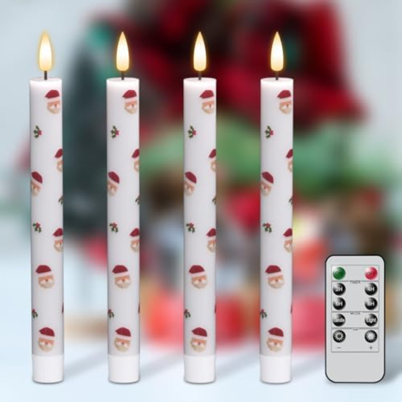Bougies de Noël coniques avec des impressions du Père Noël, paquet de 4 bougies à DEL avec minuterie, bougies sans flamme scintillantes avec des impressions du Père Noël pour la décoration intérieure (0,78 po x 9,6 po)