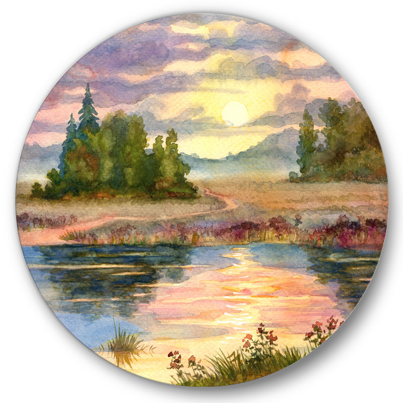 Coucher de soleil sur le lac I - Cercle traditionnel en métal, art mural, H 36 po x l 36 po x P 1 po