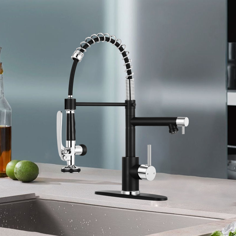 Pull-Down Spray Kitchen Faucet, High Arch Spring, Stainless Steel Single Handle Kitchen Faucet With Spray Head., Black Chrome