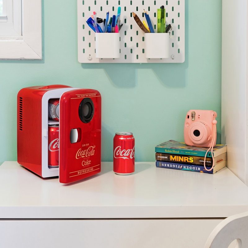 Coca-Cola 4.2 Qt. Countertop Mini Fridge with Bluetooth Speaker, Portable 6-Can Thermoelectric Cooler & Warmer, Retro Beverage Refrigerator, Red