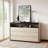 47.24 In. Modern medieval, 3-drawer bedroom vanity, wooden dresser with open shelves, living room storage vanity, wardrobe, entrance hallway, rustic dark wood grain finish - beige