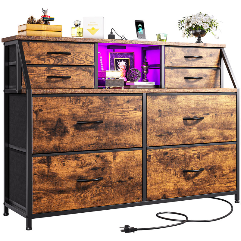 8 Drawer Dresser For Bedroom With Power Outlets & Led Lights, Chest Of Drawers With Open Shelves, Brown