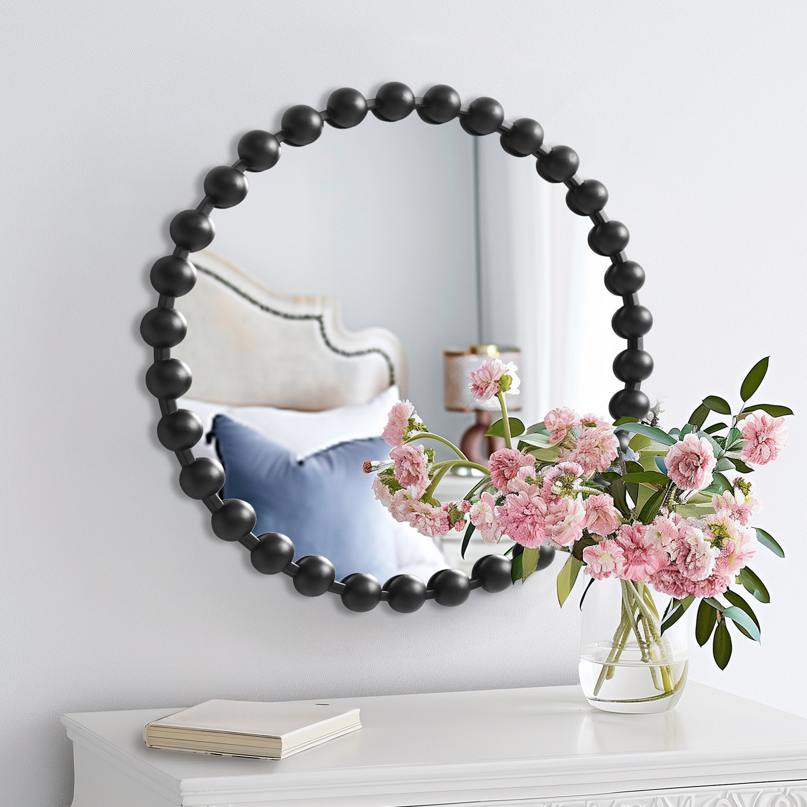 Marlowe Beaded Round Metal Wall Mirror, 27" x 27", Black