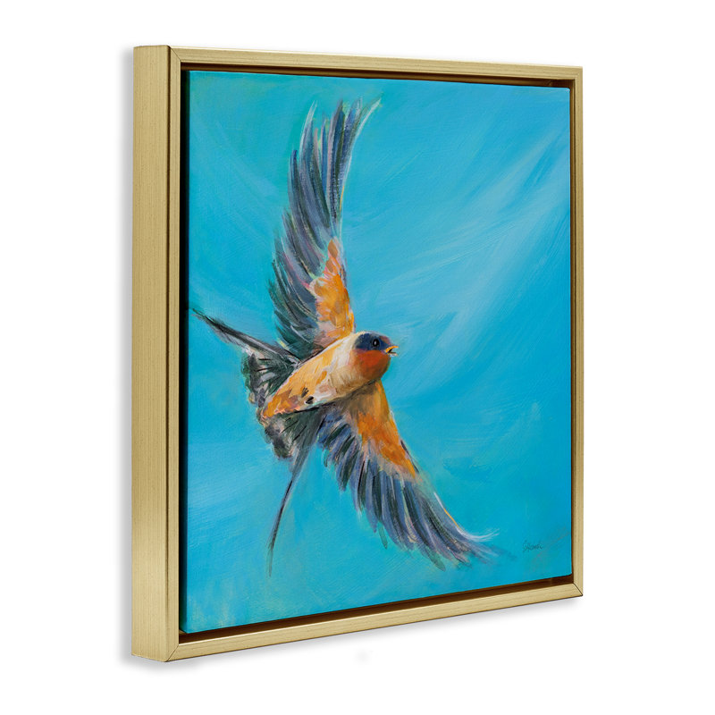 «Soaring Bird on Blue», art mural sur toile flottante par Sue Schlabach, Cadre flottant métallique doré, H 18 po x l 18 po