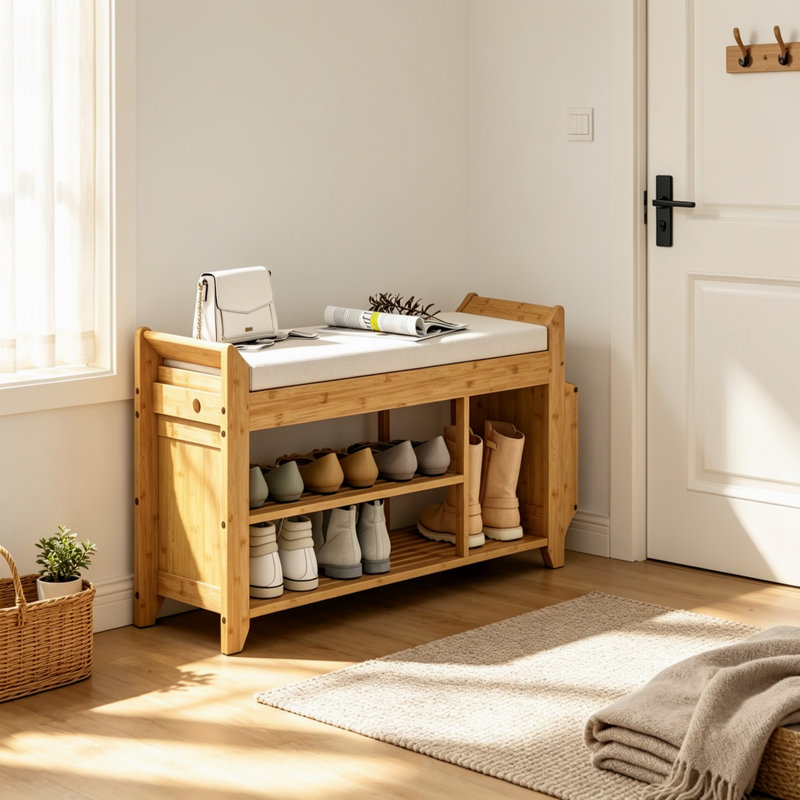 Banc à chaussures rembourré avec rangement à 2 niveaux et porte-parapluie latéral, en bambou naturel, pour couloir, salon ou entrée.
