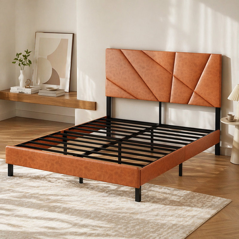 Cadre de lit grand format en métal, lit plateforme carré avec rangement sous le lit, aucun matelas à ressorts requis, brun rétro