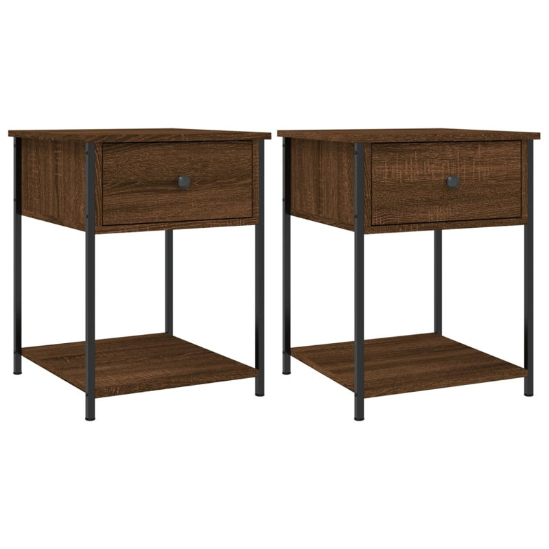 Allums 44cm W Iron Bedside Table, Brown Oak, Set of 2