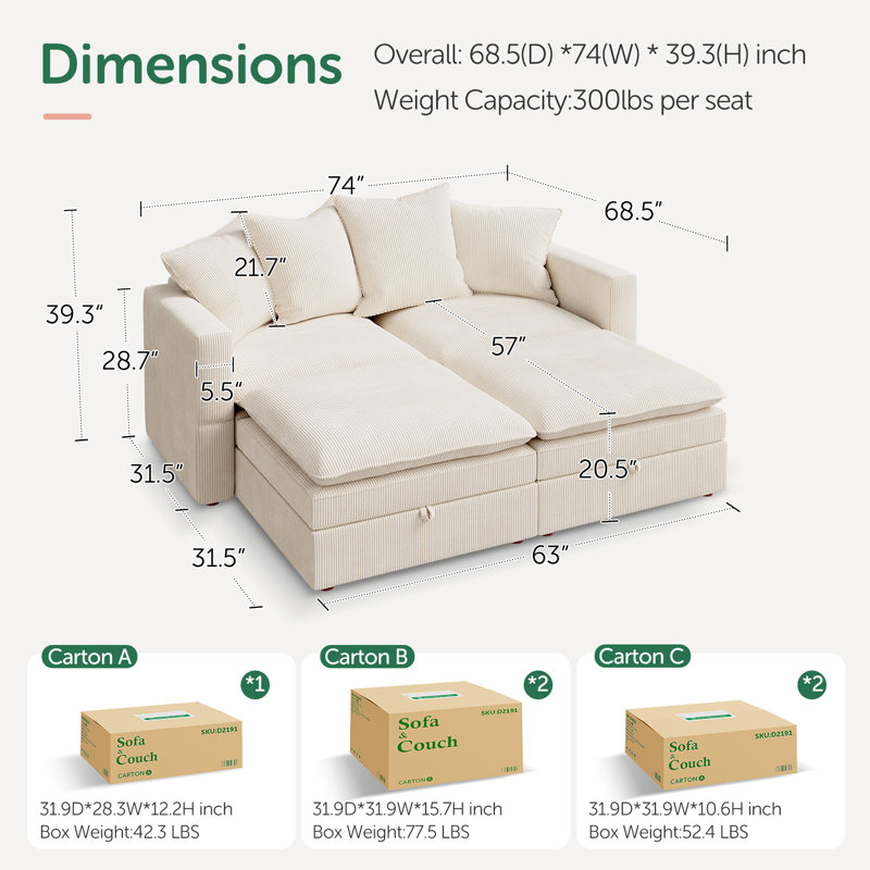 Canapé-lit modulaire avec rangement Wynter, Velours côtelé beige
