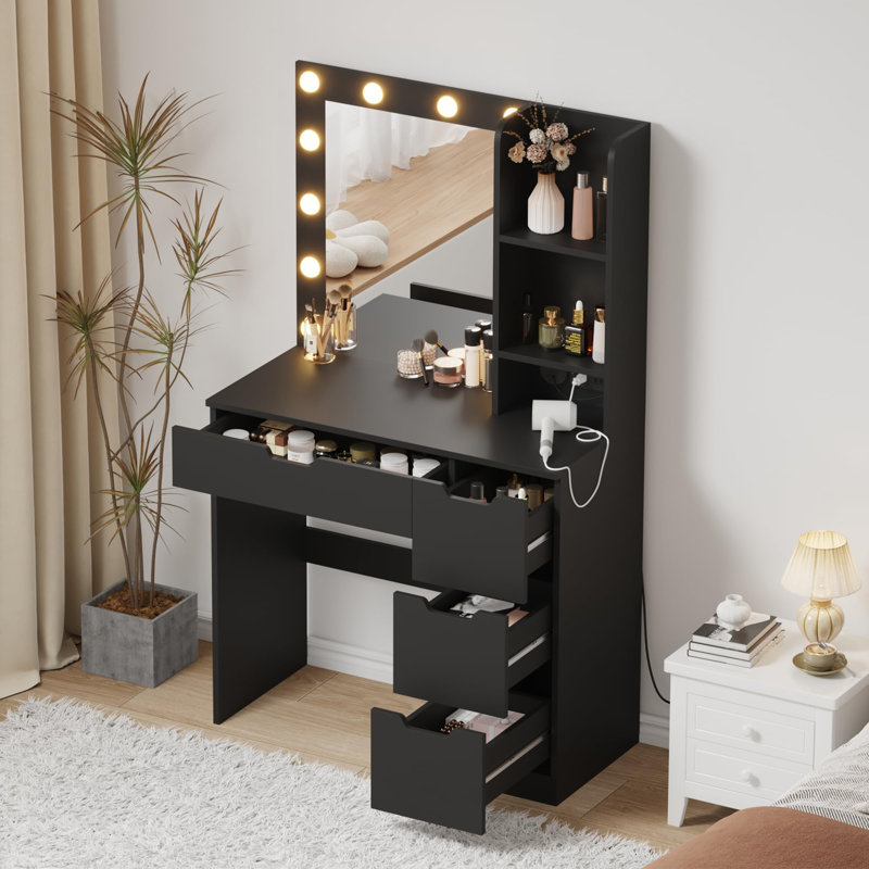 Coiffeuse de 35 po avec miroir à DEL et prise de courant intégrée, meuble-lavabo à 4 tiroirs avec 3 tons de lumière réglables pour la chambre à coucher et le studio de maquillage professionnel