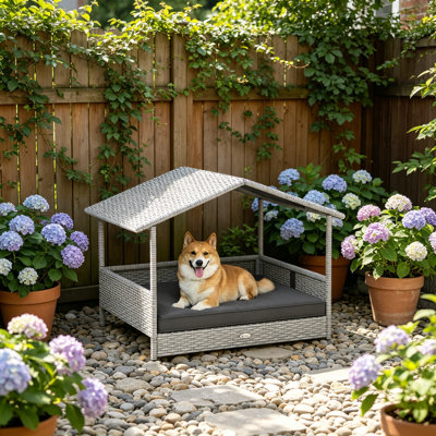 Niche pour chien en rotin avec coussin imperméable Pawhut Wicker