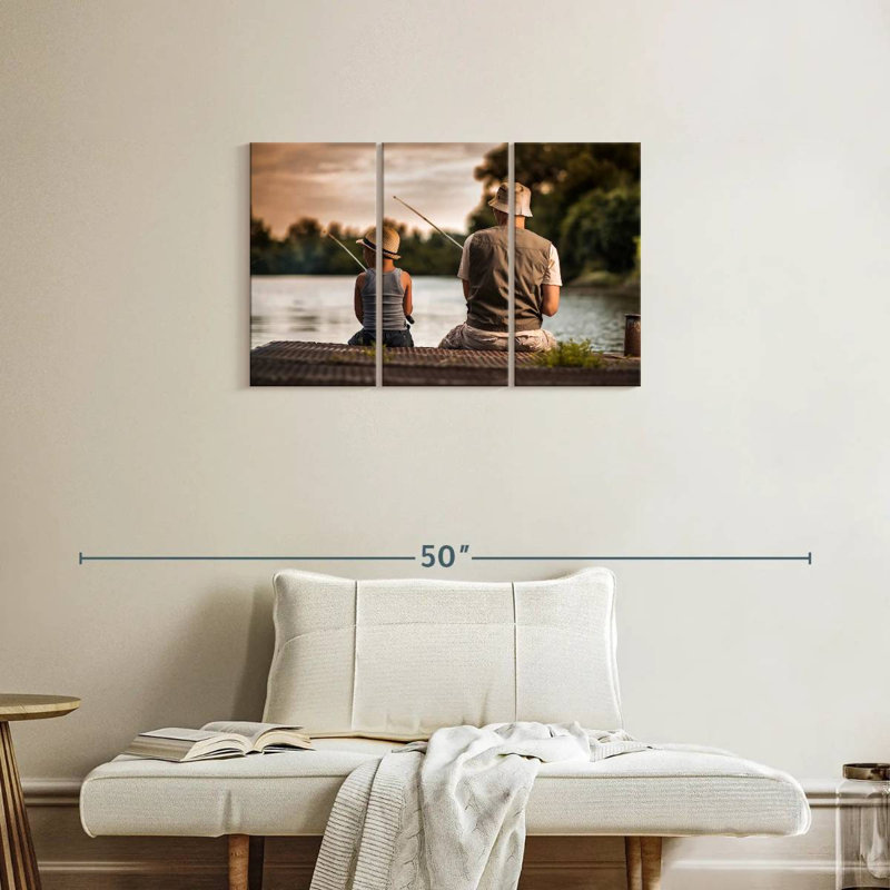 Père et fils à la pêche, H 20 po x l 33 po
