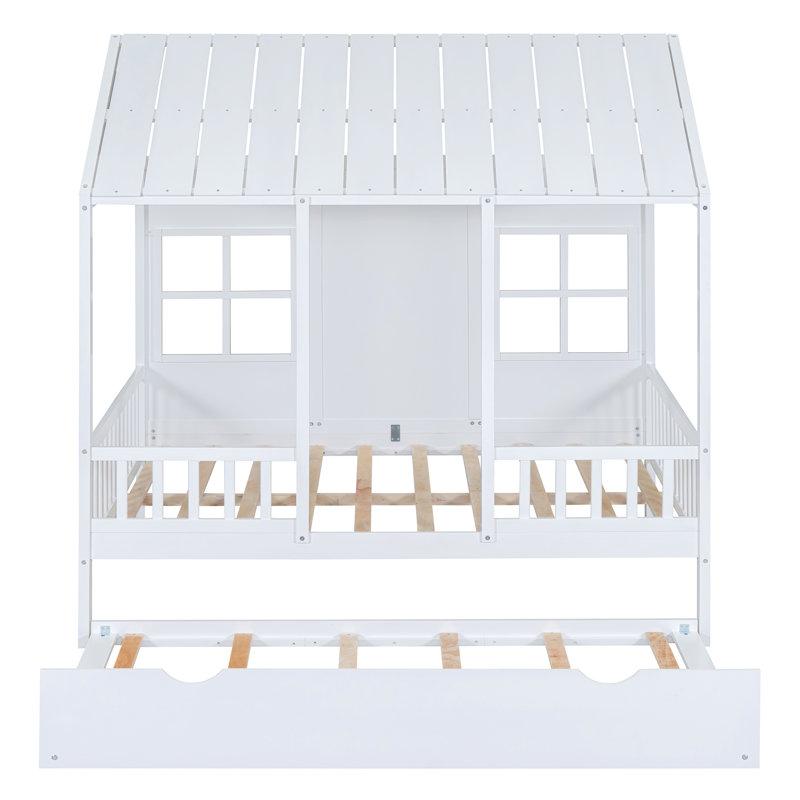 Lit double en bois avec lit gigogne simple, lit de jour en bois, blanc