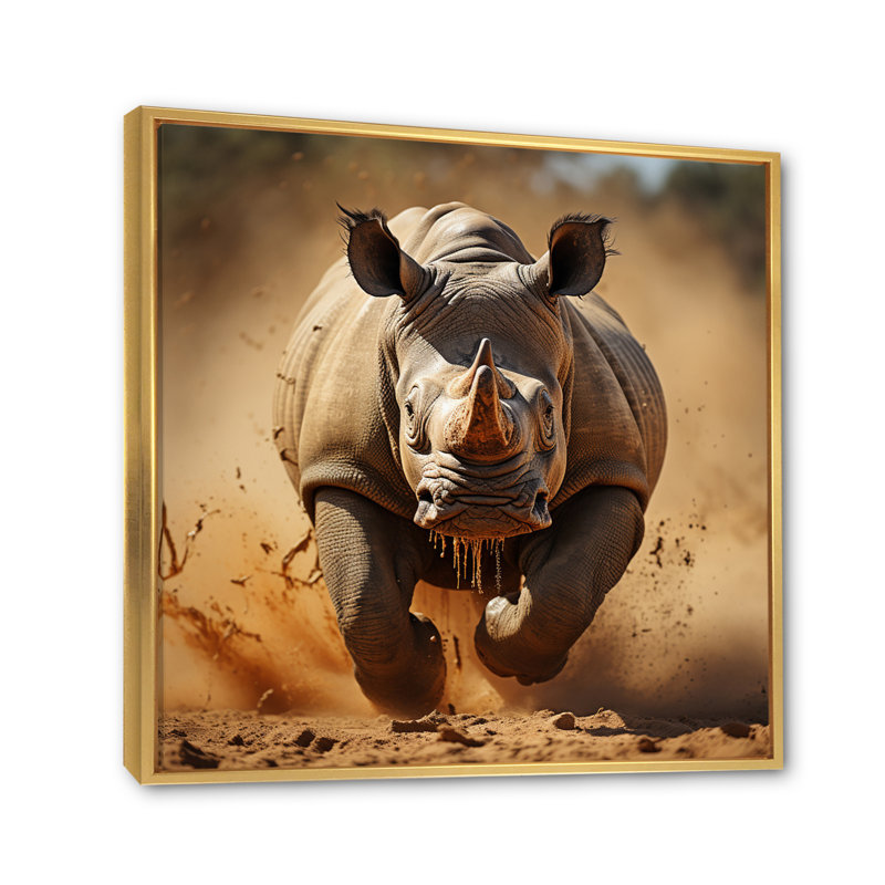 Rhinocéros africain qui court sur toile, H 36 po x l 36 po, Cadre flottant doré