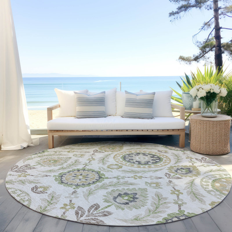  Machine Washable Indoor/Outdoor Mahaney ACN751 Ivory Rug, Round 8'