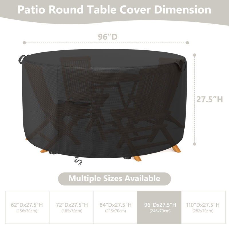 Ensemble de housse de table de patio imperméable pour mobilier rond, H 27,5 po x l 96 po x P 96 po