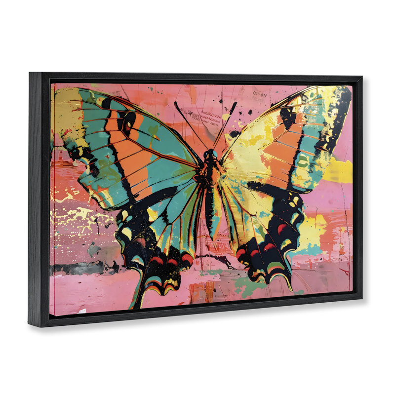 Papillon rétro sur cadre flottant rose abstrait, design par LSR Design Studio, Cadre flottant noir de jais, H 21 po x l 31 po