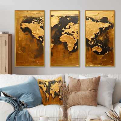 Black And Gold World Map Geographies - World Map Canvas Art Set
