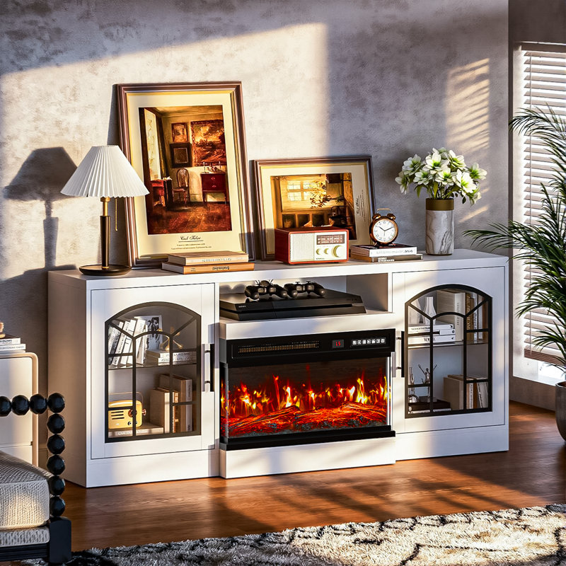 60" Fireplace Tv Stand, Tv Stand With 3-sided Glass Electric Fireplace, 24" Fire Place Grey Tv Stands For Living Room, White
