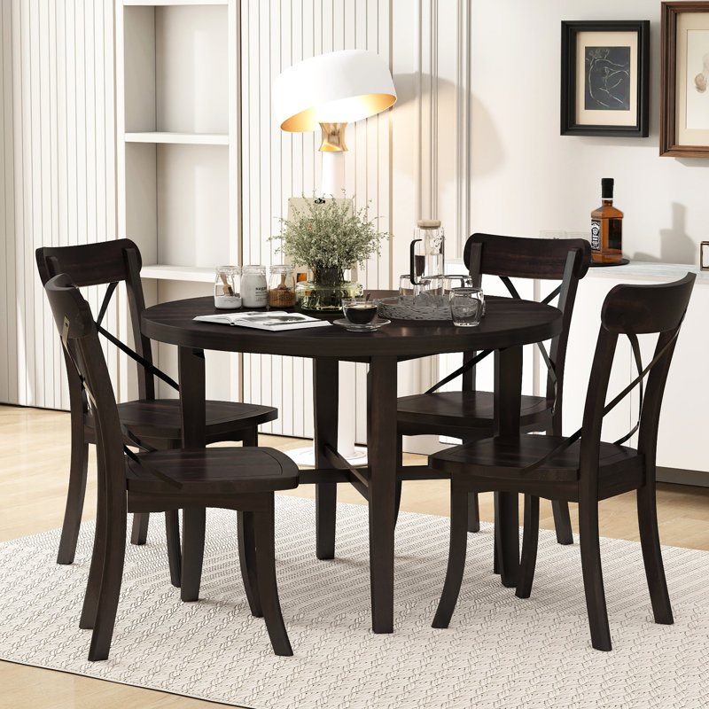 5 Finition de la salle à manger. Table ronde et 4 chaises Conception simple mais classique pour la maison. Et matériaux en bois d'hévéa. Capacité de poids de 220 lb. Chaises confortables. Polyvalent en utilisation. Assemblage requis