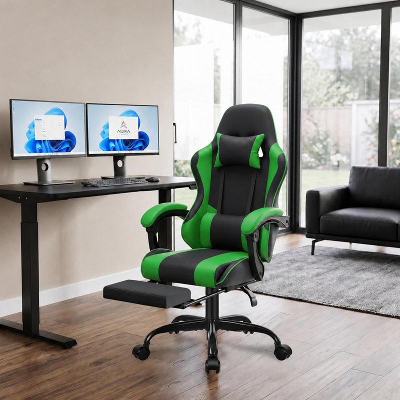 Fauteuil de jeu ergonomique de type course avec repose-pieds rétractable, accoudoirs articulés, inclinaison à 135°, hauteur réglable, pivotement à 360°, charge maximale de 181 kg (400 lbs) pour le bureau et le jeu.