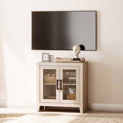 Meuble télé Farmhouse pour téléviseur de 50 po ou moins, meuble audio-vidéo en bois rustique avec tablette réglable, portes et rangement en verre, meuble média pour salon, chambre à coucher, beige