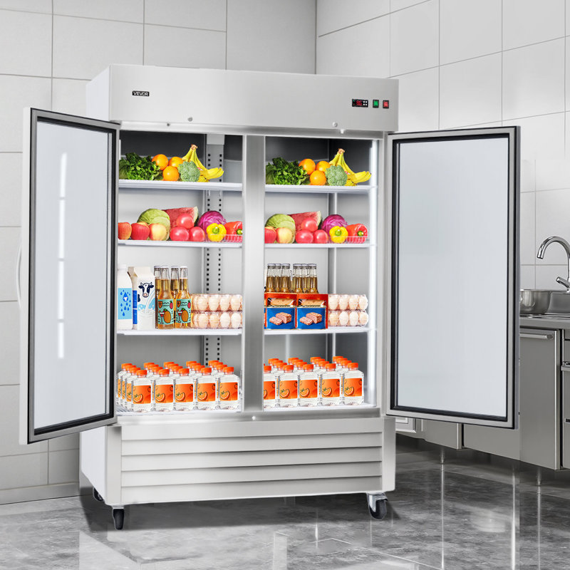 Commercial Refrigerator, 32.2 in Width Reach In Upright Refrigeration Double Glass Door, 43.2 Cu.ft Auto-Defrost Stainless Steel Refrigerator with 8 Adjustable Shelves, 32 to 50℉ Temp Range