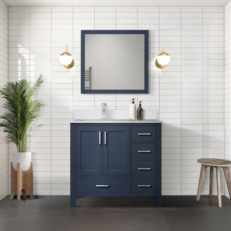 Bath Vanity with Left Offset White Quartz Top and Faucet Set, Navy Blue
