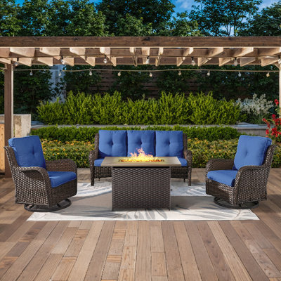Deb 4-Pieces Outdoor PE Wicker Patio Conversation Set with Fire Pit and Cushions