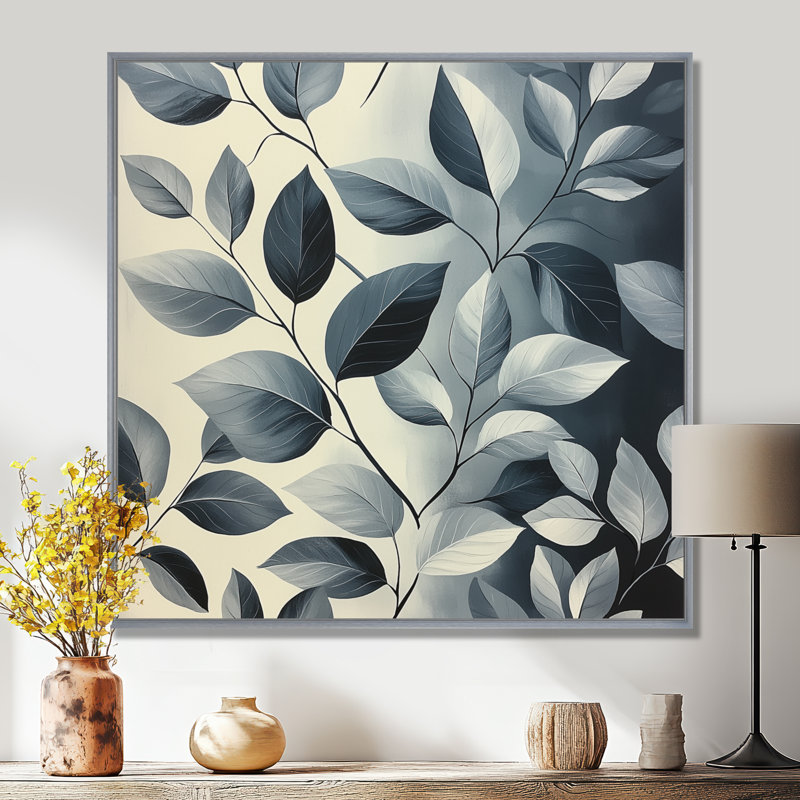 «Slate Grey Leaves Beauty III - Leaves», art mural, Impression encadrée flottante, Argent argent, H 16 po x l 16 po