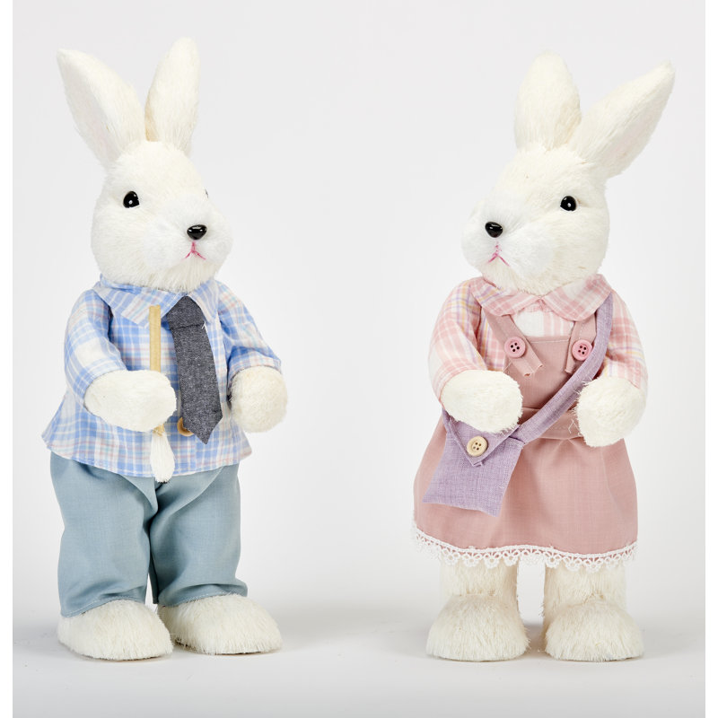 14" Easter White Sisal Standing Dressed Bunny, Set Of 2