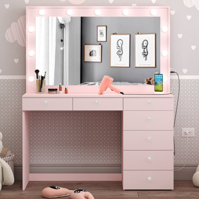 Boahaus Diana LARGE Lighted Vanity Makeup Desk, Big Vanity Mirror with Built-In Lights, 07 Drawers, C/USB Power Outlet -  Boahaus LLC, W.16.09-14-6105-11B-6203-07