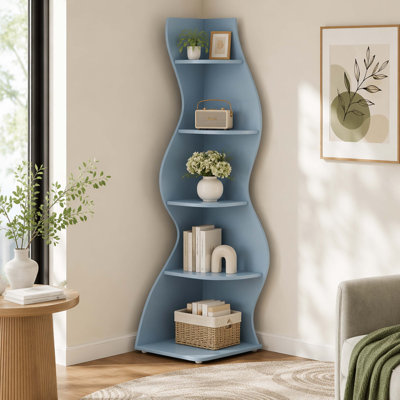 5-Tier S-Shaped Wavy Corner Bookcase, Modern Curved Freestanding Accent Display Storage Shelf for Bedroom Living Room Study Room Home Decor