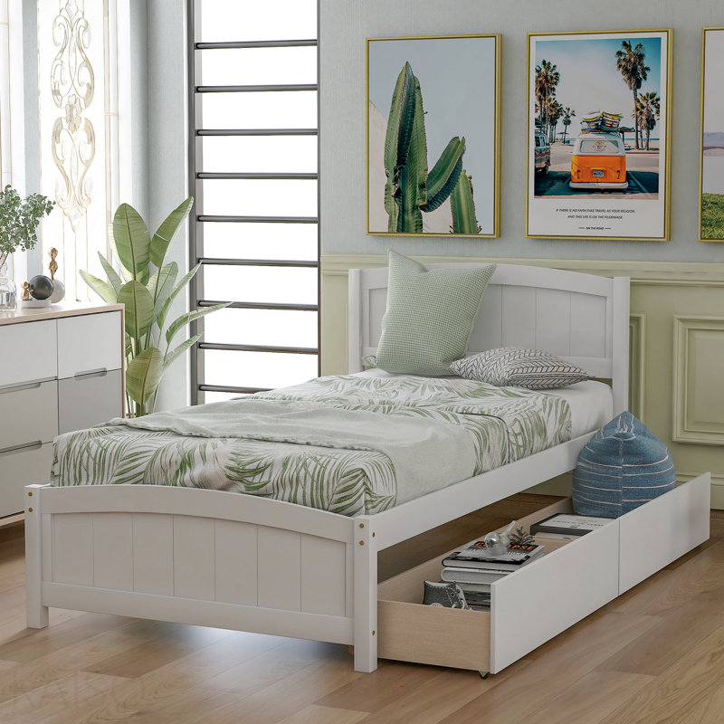 Lit plateforme simple avec deux tiroirs, blanc, Blanc