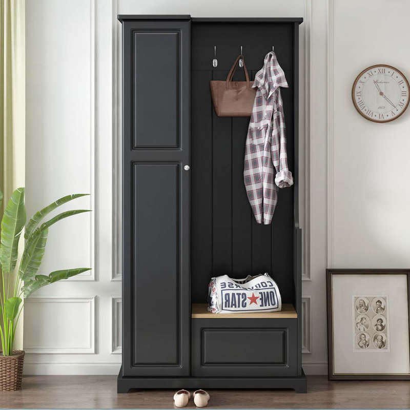 Arbre d'entrée avec banc rabattable, armoire avec tablettes réglables, Noir