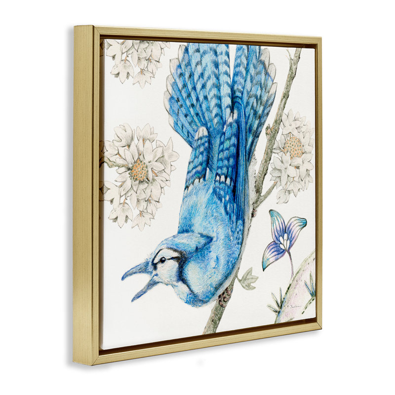 «Blue Jay Perché Florals», art mural sur toile flottante par Evelia Designs, Cadre flottant métallique doré
