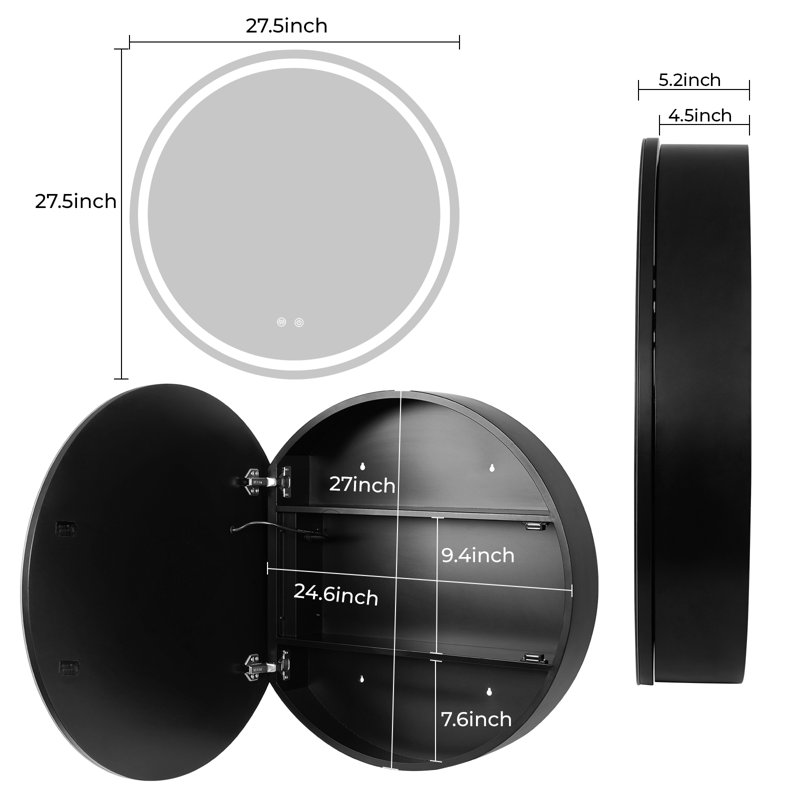 Round LED Medicine Cabinet with Mirror, 28", Black, Round