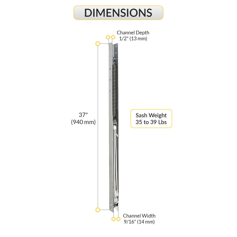 B154E4510ED94F55AE6D7192187E2693 Window Channel Balance, Aluminum, 37" Length, 35 To 39 Lbs Sash Weight, Without Sash Guide