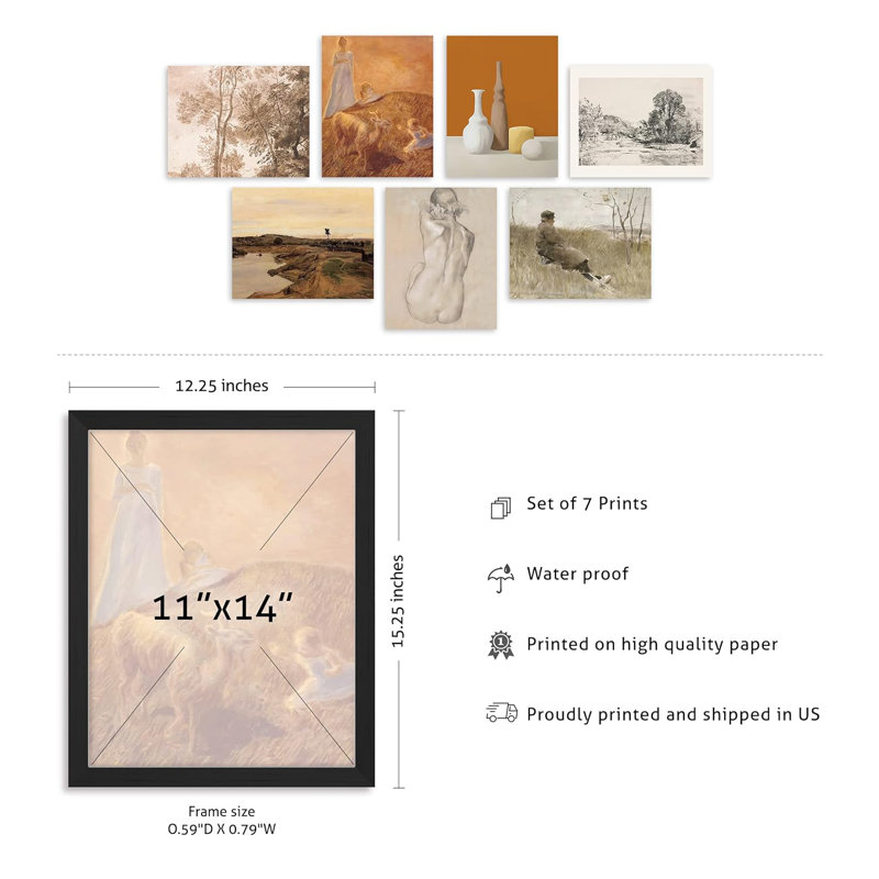 Vintage, rétro, classique, beaux-arts, paysage abstrait, géométrique, 7 pièces, Cadre noir, L 11 po x H 14 po