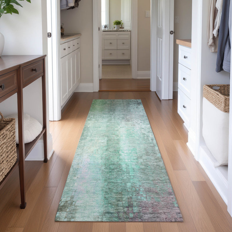 Premium Machine Washable Mayfield AMF2241 Abstract Rug, Aqua, 2'3" x 7'6" Runner