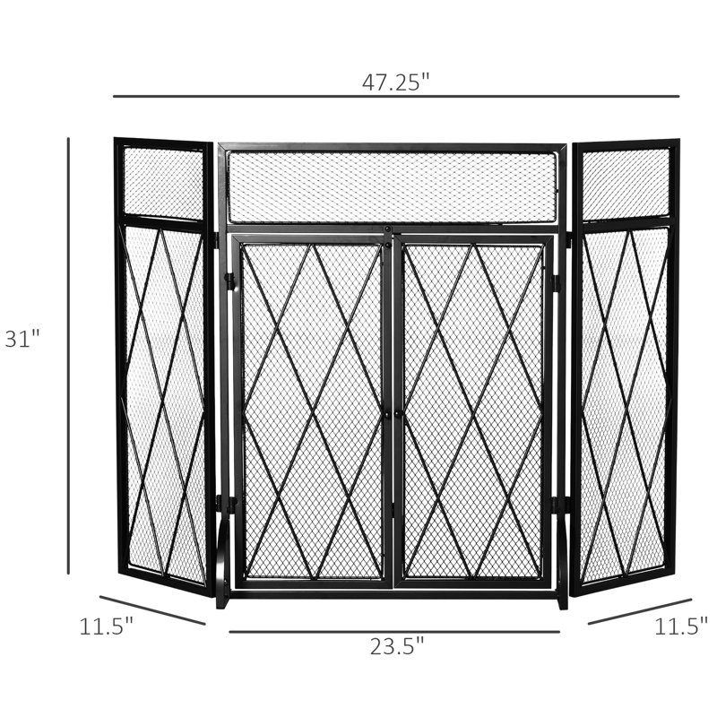 Pare-étincelles pliant à 3 panneaux, 47,64 po x 31 po, pare-étincelles à double porte en acier noir pour la combustion du bois, assure des braises et un écran robuste facile à entretenir avec portes, conception à charnières