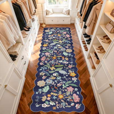 Hallway Washable Rug: Stain Resistant Floral Scalloped Rug for Kitchen Entryway Farmhouse Soft Carpet for Bathroom Bedroom Thin Laudry Living Room Floor Mat with Non Slip Backing