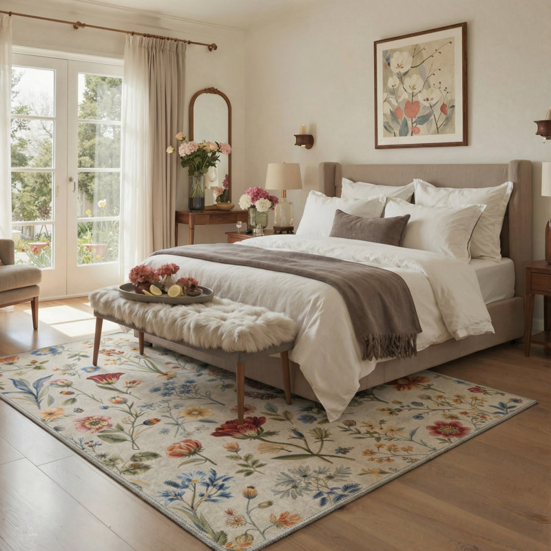 Cogswell Floret Floral Machine Washable Beige Indoor Area Rug with Non-Slip Backing, Rectangle 6' x 9'