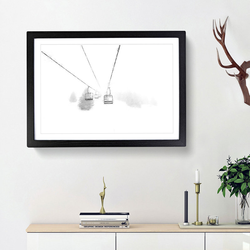 Ski Lift in Morillon France - Picture Frame Painting Print, Black Framed, 24cm H x 33cm W x 2cm D