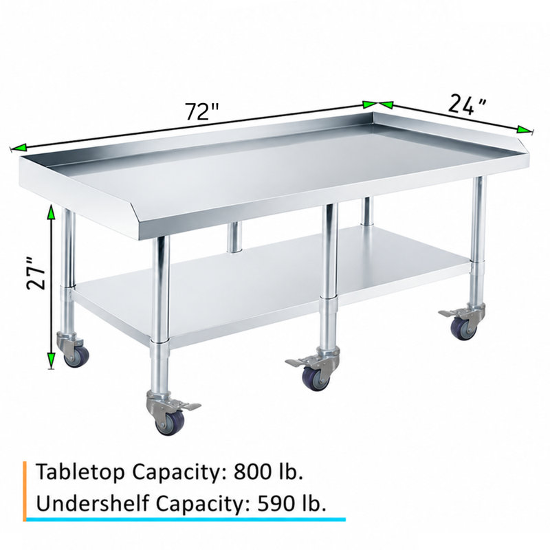 Heavy-Duty Stainless Steel Rolling Work Table, with Wheels and 3-Side Upturn. 24 in. W x 72 in. D, 27" H x 72" L x 24" D