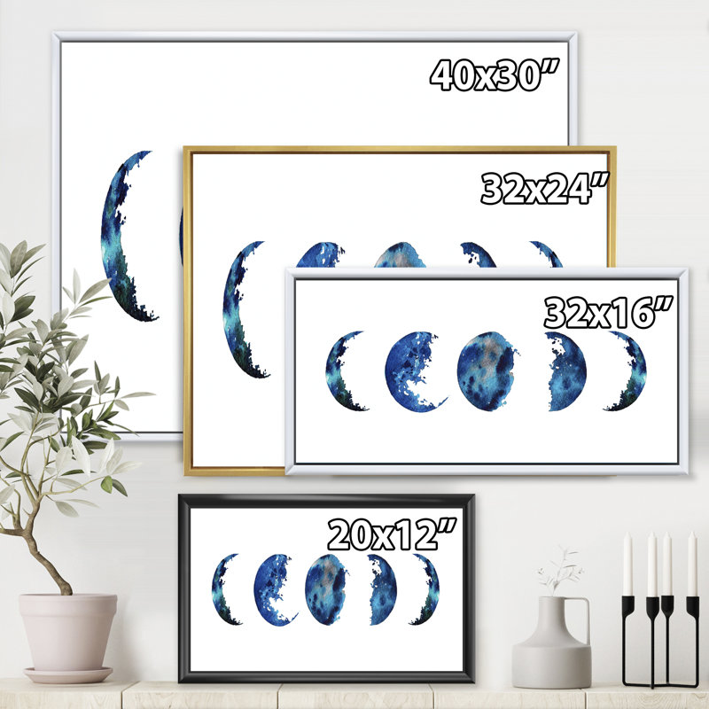 Moon Phases - reproduction de cadre flottant sur toile, H 24 po x l 32 po x P 1 po, Cadre blanc