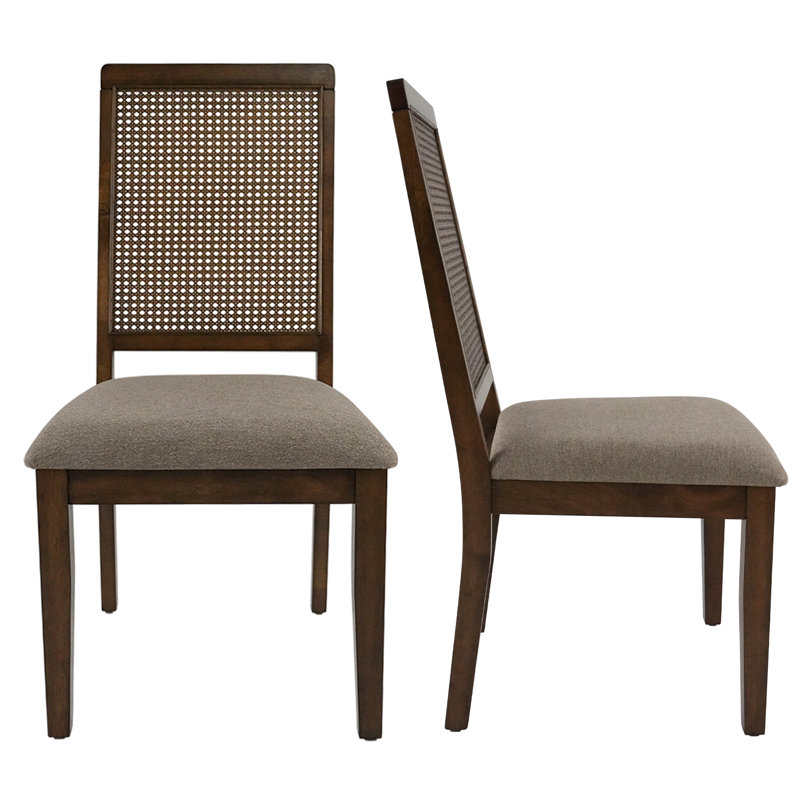 Upholstered Side Dining Chair With Solid Wood Legs And Rattan Backrest For Living Room/Dining Room, Chenille Brown