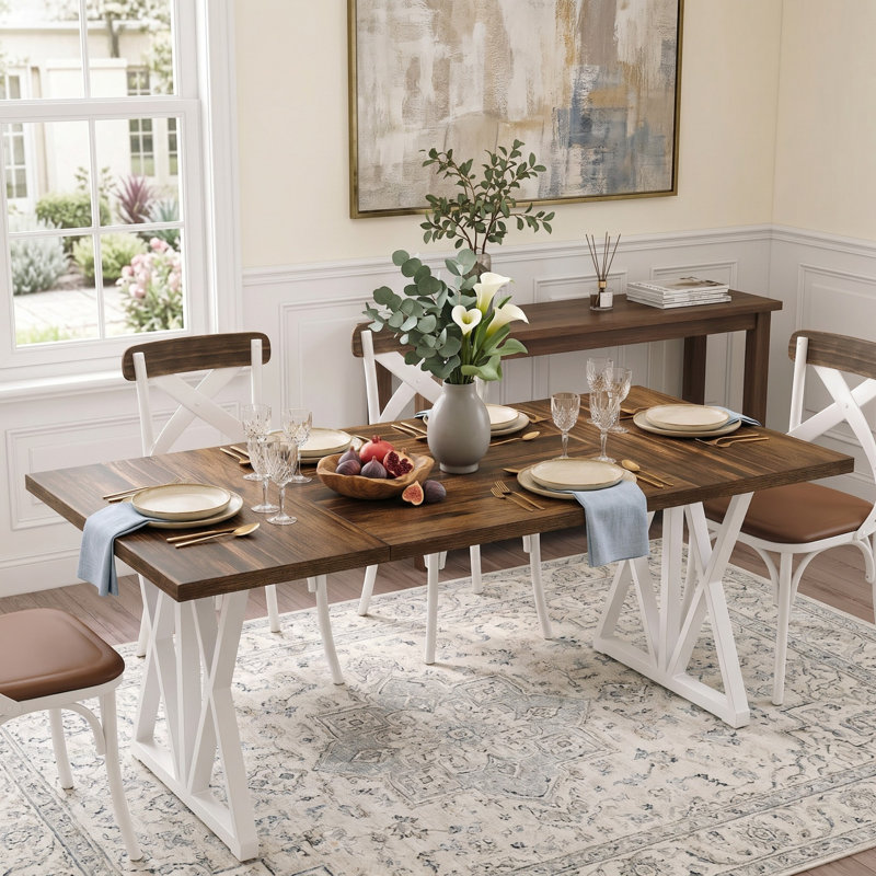 Metal Base Dining Table, Brown/White
